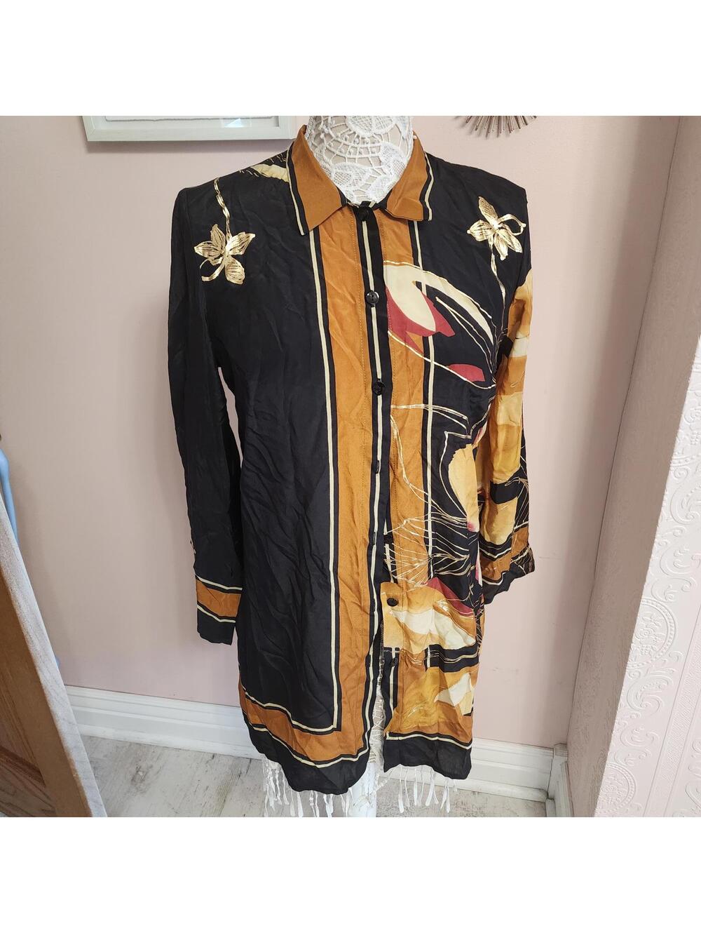 Gottex Black Gold Silk Bird Print Swim Cover-Up Tunic Women’s Small